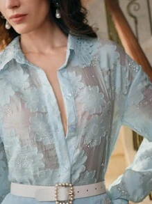 Anewsta Áo cánh tay dài hở vai, cổ khoét sâu, đính ren pha lê Jacquard có họa tiết - Màu xanh lam - Xem 7