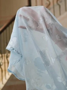 Anewsta Áo cánh tay dài hở vai, cổ khoét sâu, đính ren pha lê Jacquard có họa tiết - Màu xanh lam - Xem 9