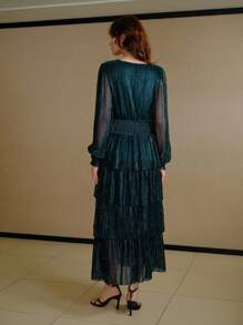 MOTF PREMIUM GLITTER SOLID SURPLICE NECK LANTERN SLEEVE SHIRRED WAIST TIERED HEM DRESS - Blue - View 3