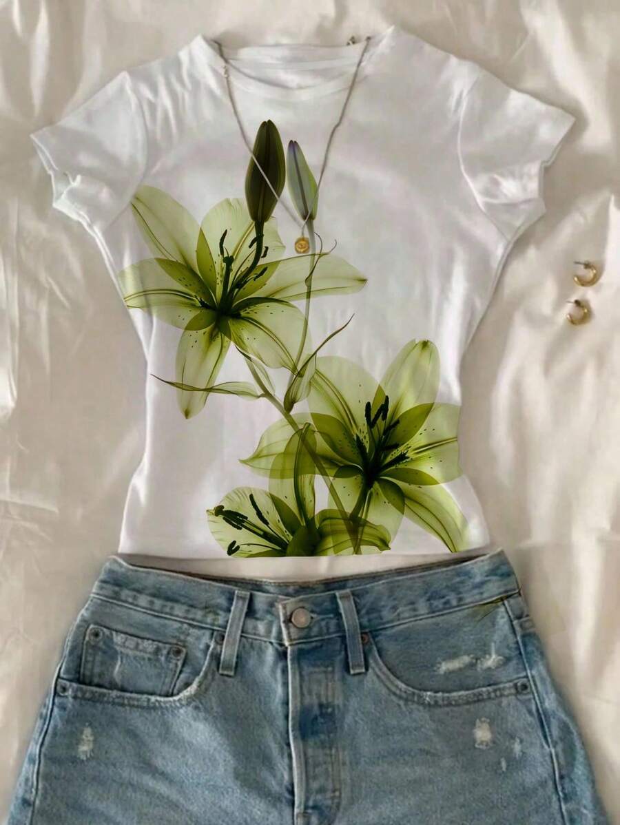 Glimmora 女士夏季百合花卉数码印花短款T恤 - 白色 - 查看 1