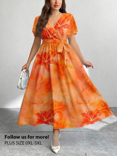 Firerie Plus Size Casual Retro Floral Hibiscus Print Loose Dress, Suitable For Spring & Summer,Beach Dress Sundress,Holiday Outfits Boho Suitable For Going Out Chic Dress