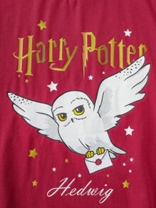 HARRY POTTER X SHEIN Tween Girl Owl Envelope Print Loose Fit Short Sleeve T-Shirt, Casual Versatile, Deep Red, Summer - Red - View 5