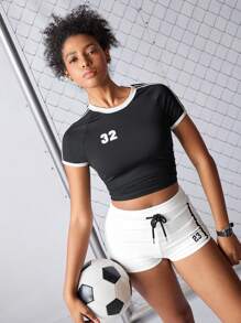 SHEIN Sports Women's Letter Print Drawstring Waist Skinny Sport Shorts - White - View 3