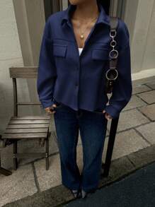 Siren Gaze 秋冬女士纯色长袖单排扣休闲大衣 - 藏蓝色 - 查看 6