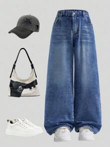 SHEIN TWEEN GIRLS 百搭休闲直筒牛仔裤，柔软复古水洗面料，适合户外和所有季节