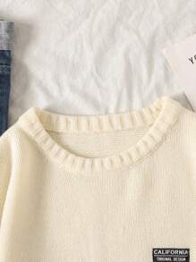 SHEIN 青少年女童杏色宽松圆领套头衫刺绣贴布针织毛衣，休闲百搭百搭上衣 - 杏色 - 查看 3