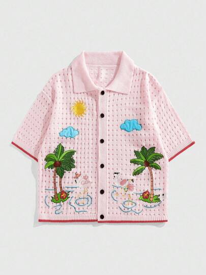 Street Life Camisa de punto hueca con bordado de árbol de coco para vacaciones de verano para hombres