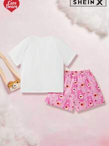 SHEIN X Care Bears 青少年女孩 2 件套粉色熊和星星印花针织短袖 T 恤和全身印花短裤睡衣套装，适合夏季 - 粉色 - 查看 2