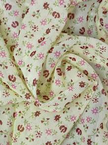 女式夏季度假风格碎花V领撞色蕾丝蝙蝠袖紧身胸衣T恤 - 芥末黃 - 查看 4