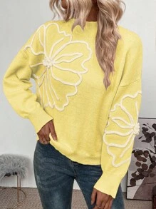 SHEIN Clasi Áo len dệt kim cổ tròn vai rộng họa tiết hoa jacquard dành cho nữ mùa thu đông - Nhiều màu - Xem 5