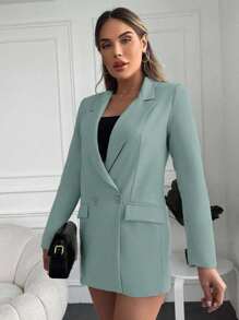 EURMUSE 女款純色不對稱翻領長袖雙排扣休閒西裝外套 - 薄荷綠 - 查看 5