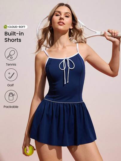 CourtClass Women's Tennis/Outdoor Exercise Butterfly Decor Pleated Hem Sports Dress With Shorts & Pocketed Tennis Dress Dress With Built In Shorts Athletic Dress