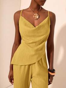 Zivah 2025新款夏季休闲优雅度假日常约会通勤生日派对沙滩度假性感摆领吊带斜下摆交叉后背上衣+喇叭阔腿裤超长裤卡其色棕色梭织面料女两件套-B