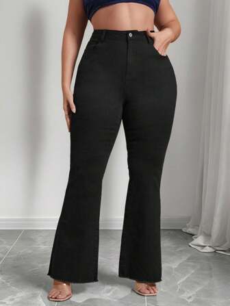 taglie forti Jeans a gamba svasata vita alta tasca inclinata orlo grezzo