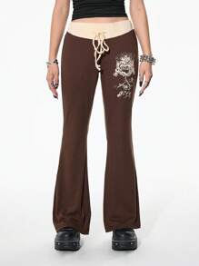 SHEIN Unity Women's Contrast Color Patchwork Print Punk Wide Leg Pants Fall Cloth For Women - Coffee Brown - View 2