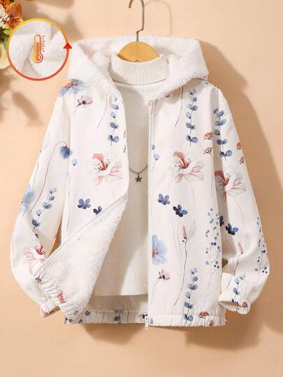 女童杏色花卉印花夹克，复合面料，时尚百搭，适合秋冬