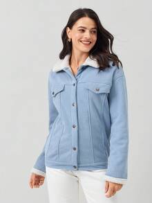 Miaspire Drop Shoulder Teddy Lined Long Sleeve Zip Up Red PU Leather Barn Jacket For Winter - Dusty Blue - View 4