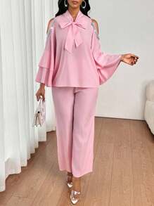 SHEIN Lady 女士亮片拼接露肩喇叭袖衬衫和裤子优雅两件套 - 粉色 - 查看 1