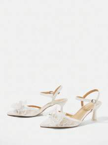 CUCCOO HITCHD 1 双女式白色蕾丝尖头穆勒鞋，珍珠蝴蝶结装饰和网眼细节，高跟鞋 - 白色 - 查看 9