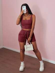 Slaydiva 2025 年夏季新款音乐节、复活节、日常、基础百搭、休闲、度假、巡航、海滩、日光浴、时尚、街头风方领无袖上衣和修身短裤套装，带有线、条纹、领带、口袋、隐形拉链、仿雪花、绿色、女式 2 件套 - 酒紅色 - 查看 4