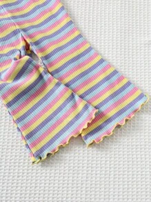 Cozy Pixies Baby Girls 2pcs Set Bow Decor Colorful Striped Round Neck Short Sleeve Crop Top And Flare Pants Baby Girl Striped Outfit Rainbow Baby Outfit Toddler Striped Two Piece Set Baby Bell Bottom Outfit Knit Toddler Set