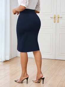 Lunelith SHEIN Lunessa Women's Commuter Minimalist Asymmetrical High Collar Button Decor Ruffle Slim Fit Pencil Skirt Office Skirt - Navy Blue - View 2