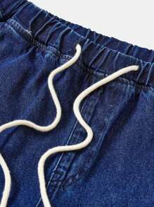 SHEIN 青少年男童抽绳腰带口袋阔腿休闲5英寸牛仔短裤 - 深色水洗藍 - 查看 3