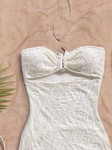 Soleia Vestido con cuello en V profundo, espalda descubierta y abertura lateral, de punto texturizado en color verde mar, para vacaciones - Verde - Ver 3