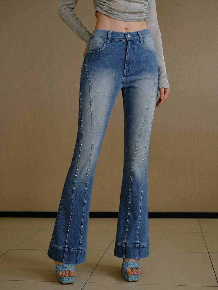 FAUX PEARL AND RHINESTONE TRIM FLARE LEG JEANS