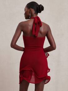 NYA SZN 连衣裙 挂脖领口荷叶边细节 特殊场合 早午餐 毕业典礼 婚礼 宾客 新娘派对 春夏 迷你弹力针织连衣裙 女士 - 紅色 - 查看 4