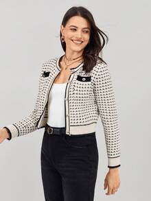 Miaspire Contrast Color Round Neck Long Sleeve Fitted Women Front Button Jacket Cardigan Sweater Fall Women Outfits Button Up Fall Cardigan Women Cardigans,Long Sleeve Tops - Black and White - View 5