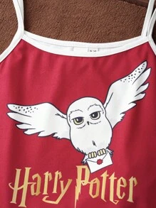 HARRY POTTER X SHEIN Tween Girl Cartoon Owl Print Red Loose Camisole And Shorts Pajama Set, Comfortable Flame Retardant Fabric For Summer - Multicolor - View 8