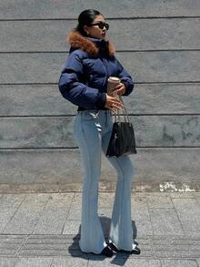 DAZY 女士毛领连帽长袖短款修身休闲街头厚棉服外套，秋冬夹克 - 藍色 - 查看 5