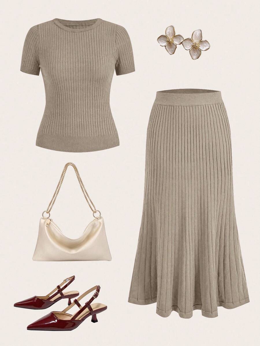 Modelyn 2 件套女士纯色圆领短袖上衣和优雅针织裙套装 2 件套秋冬 - 杏色 - 查看 1