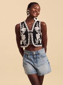 Travachic 女式梭织无袖修身花卉印花背心夹克，非常适合度假、秋季女士、秋季、复活节、假日、女士海滩、女士度假、音乐会女士、波西米亚风、波西米亚风、音乐节、热带度假女士、浪漫、秋季、冬季、圣诞节、女士外出上衣、外出上衣、休闲、可爱 - 黑色 - 查看 4