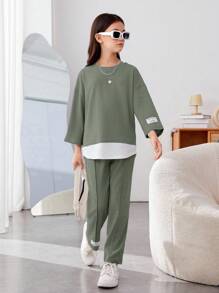 SHEIN 青少年女孩休闲街头针织补丁圆领宽松上衣和长裤两件套 - 軍綠色 - 查看 4