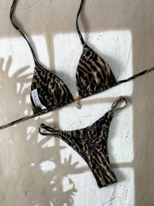 Elavelle Springbreak 女士沙滩装，随机印花细肩带金属装饰性感比基尼套装 - 彩色 - 查看 3