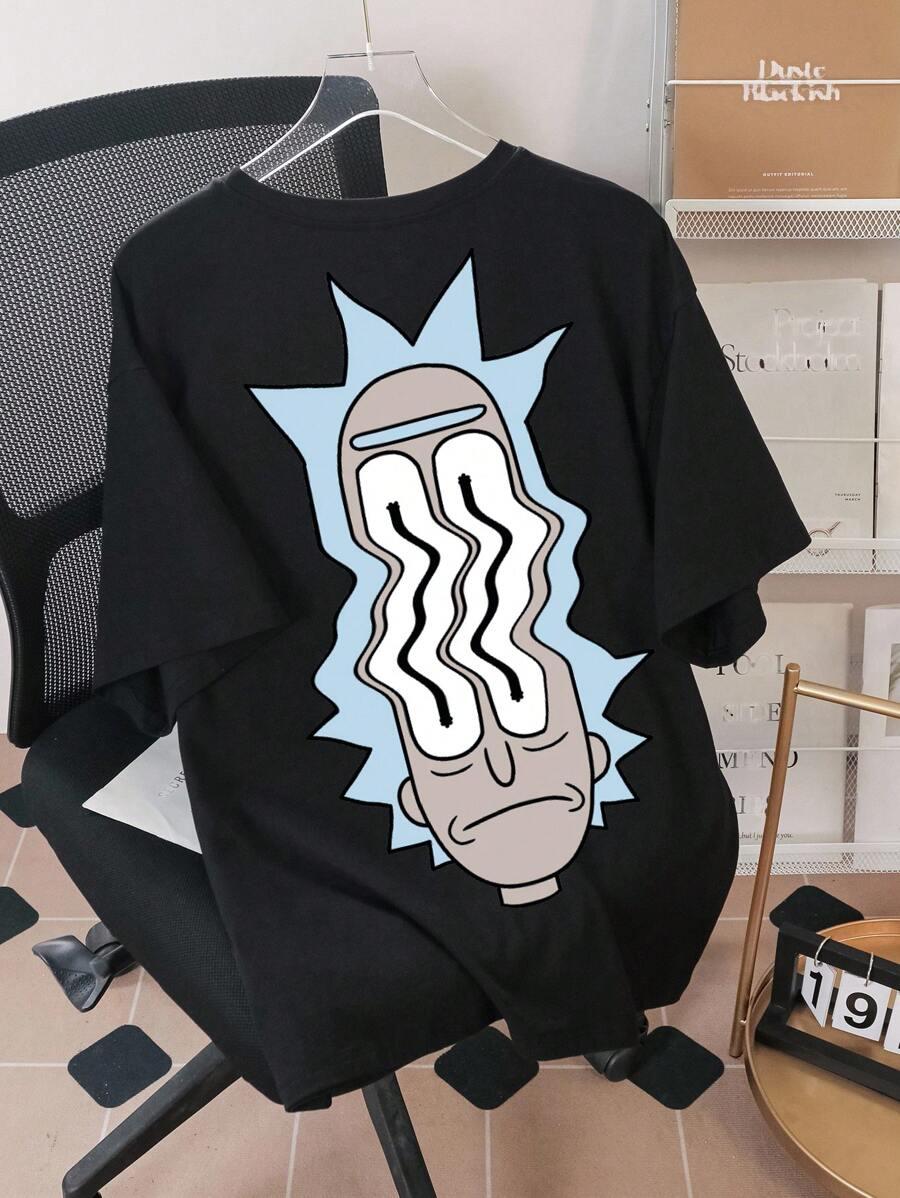 Rick and Morty X SHEIN Camiseta Masculina de Manga Curta com Gola Redonda e Estampa Gráfica de Figura Cartoon