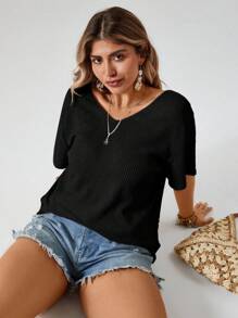 Freevana Plus Size Women's Solid Color Waffle Knit Short Sleeve T-Shirt, Summer,Holiday For Women - Black - View 2