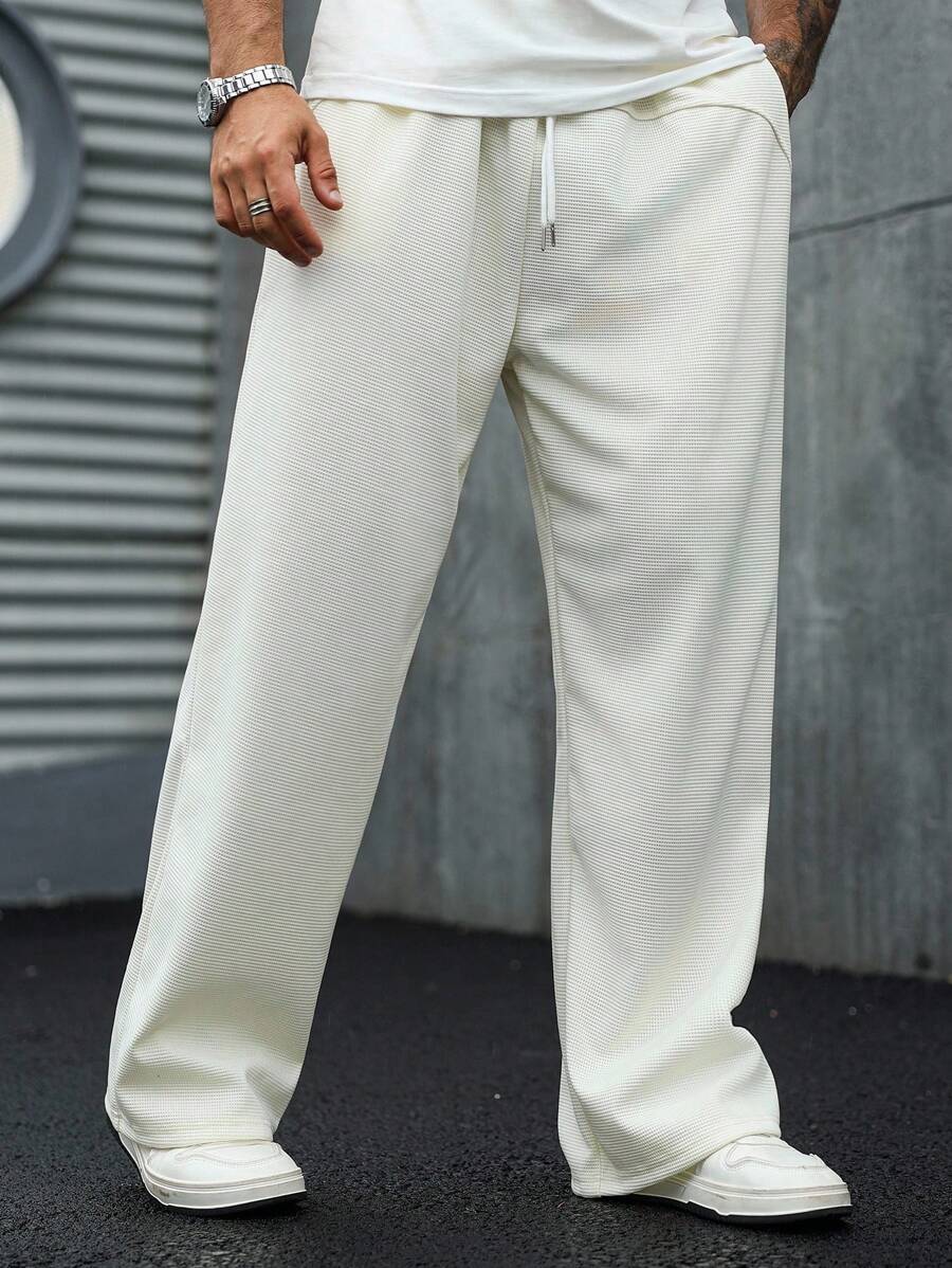 Manfinity Homme Men's Drawstring Waist Wide Leg Sweatpants Wide Leg Sweatpants Wide Leg Sweatpants Waffle Men's Wide Leg Jogging Pants Loose Pants Y2kblack Loose Pants - Beige - View 1