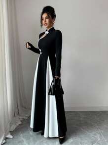 Rafferiza Vestido de manga larga con botones y contraste de color elegante para mujer