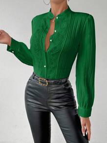 RosyDaze 女士蕾丝拼接褶皱衬衫女式衬衫，适合大学秋季穿着 - 綠色 - 查看 7