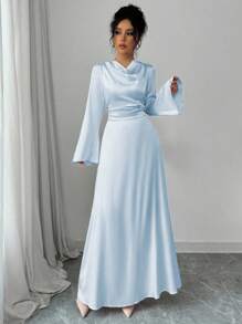 Rafferiza Đầm dài tay chữ A xếp nếp cổ bẻ thanh lịch, eo thắt dây sau lưng, dáng chữ A, hoàn thiện bằng vải satin cho nữ, màu hồng nhạt, mùa thu/đông - Màu xanh nhạt - Xem 3