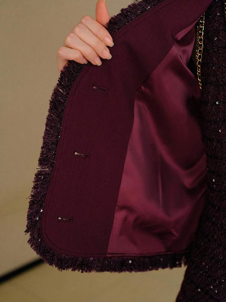 TWEED SEQUINS CONTRAST CHAIN TAPE TRIM RAW EDGE JACKET