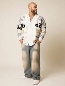 EASEVO Plus Size Men's Casual Letter Knitted Cardigan, Suitable For Autumn/Winter