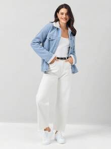 Miaspire Drop Shoulder Teddy Lined Long Sleeve Zip Up Red PU Leather Barn Jacket For Winter - Dusty Blue - View 8