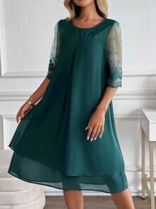 Miaspire 女士优雅通勤刺绣网眼拼布中长连衣裙