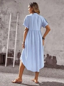 EMERY ROSE 女式条纹短袖纽扣休闲衬衫裙，夏季 - 彩色 - 查看 2