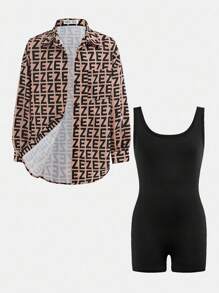 Conjunto de chaqueta con estampado completo + mono de punto negro para niñas preadolescentes, atuendo versátil de moda casual diaria para el regreso a clases - Café integral - Ver 2