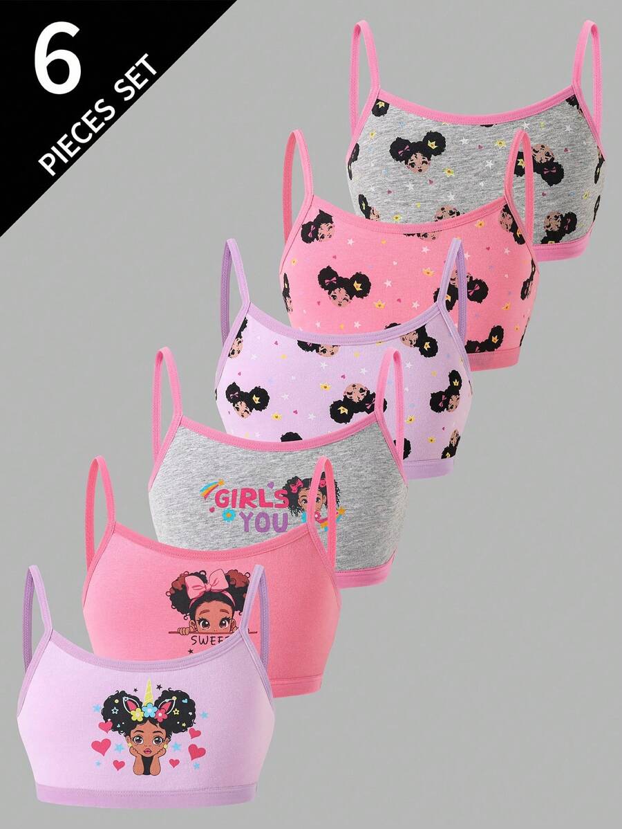 SHEIN 6件装女童嘻哈印花舒适纯棉吊带背心套装，适合青少年女孩返校时尚秋冬装 - 彩色 - 查看 1